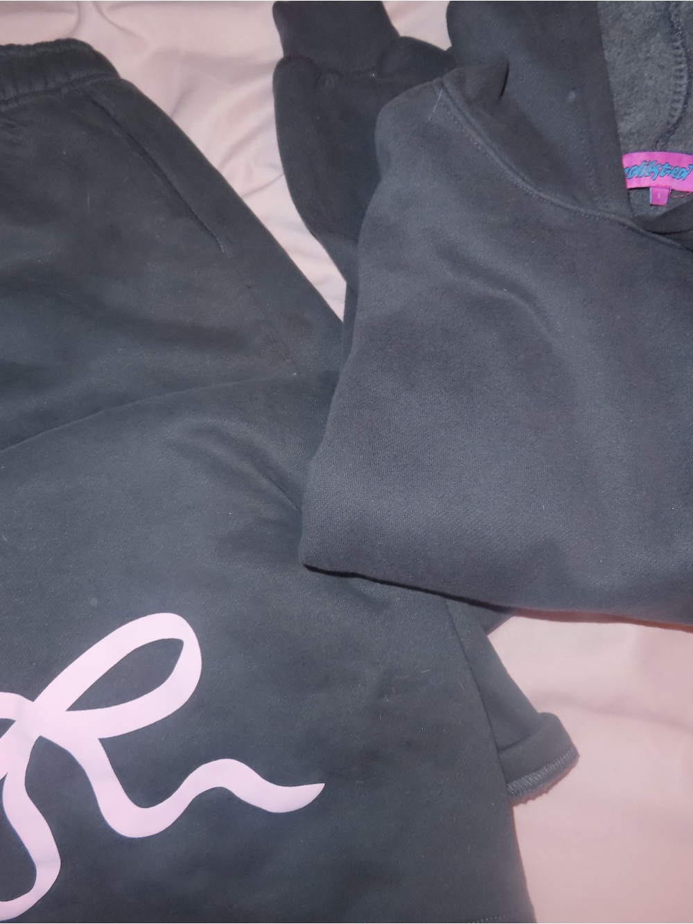Edikted Black Sweatpants & Hoodie with Pink Script Accent